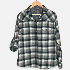 JACHS GIRLFRIEND pea plaid pearl button down shirt